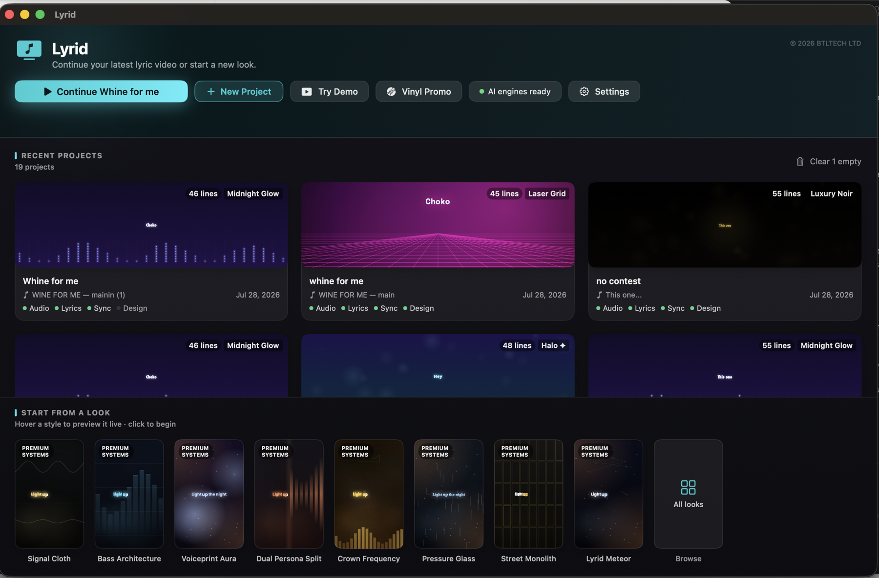 The Lyrid dashboard, with recent lyric-video projects and one-tap visual looks.