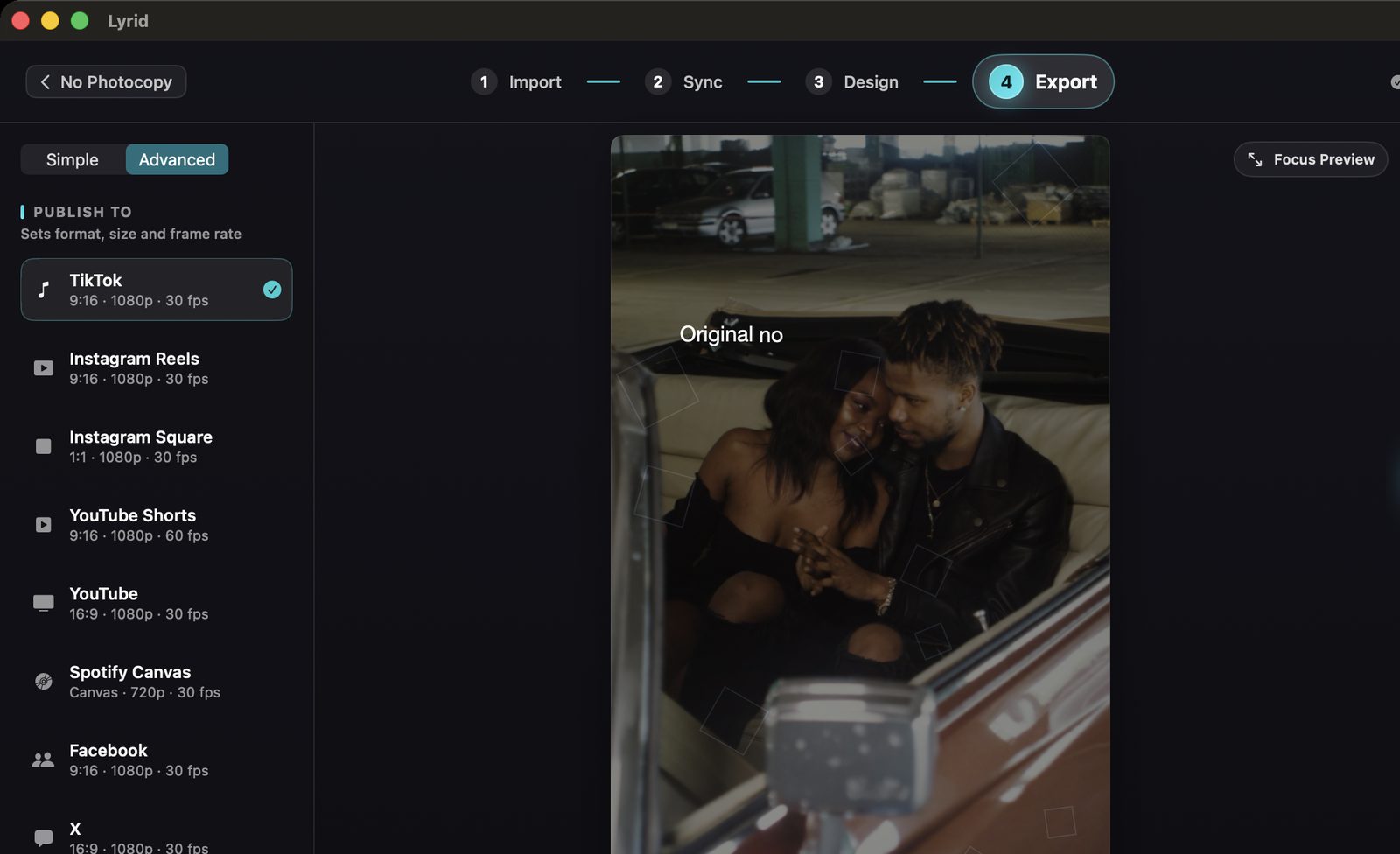 Lyrid export view with one-tap presets for TikTok, Instagram Reels, Instagram Square, YouTube Shorts, YouTube and Spotify Canvas