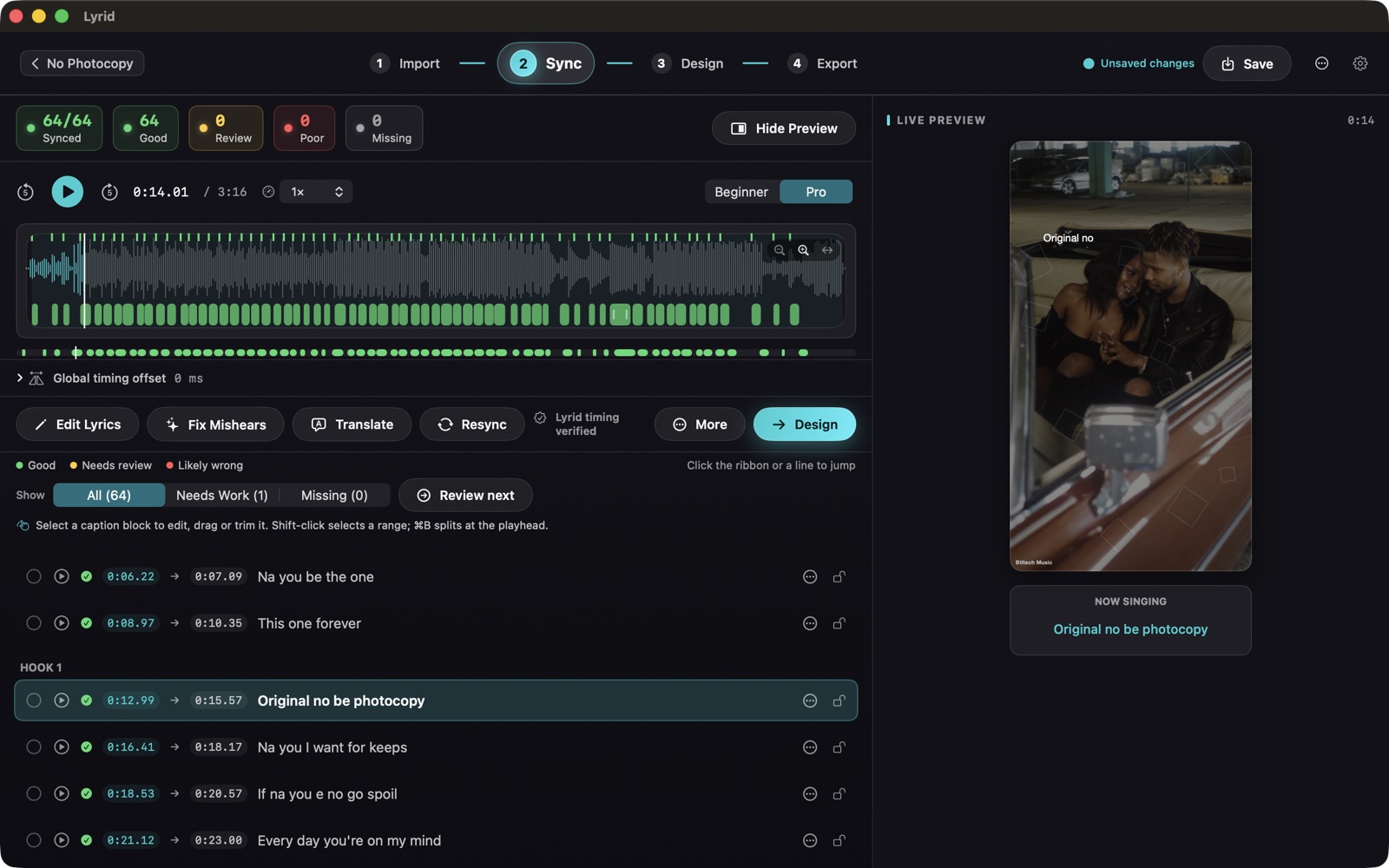 Lyrid sync view with waveform timing, lyric lines, and live preview