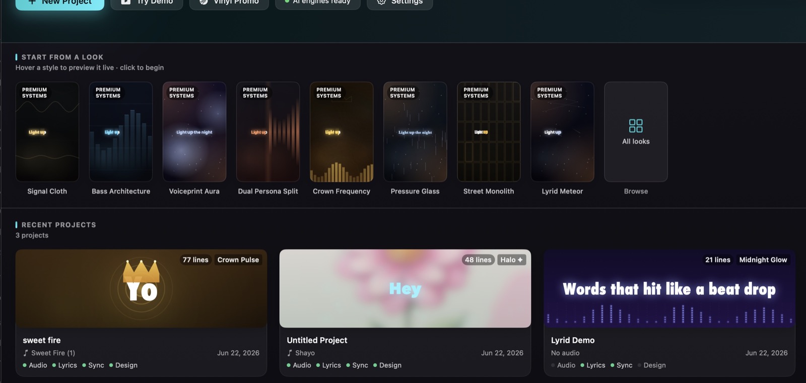 Lyrid dashboard with premium template looks and recent projects