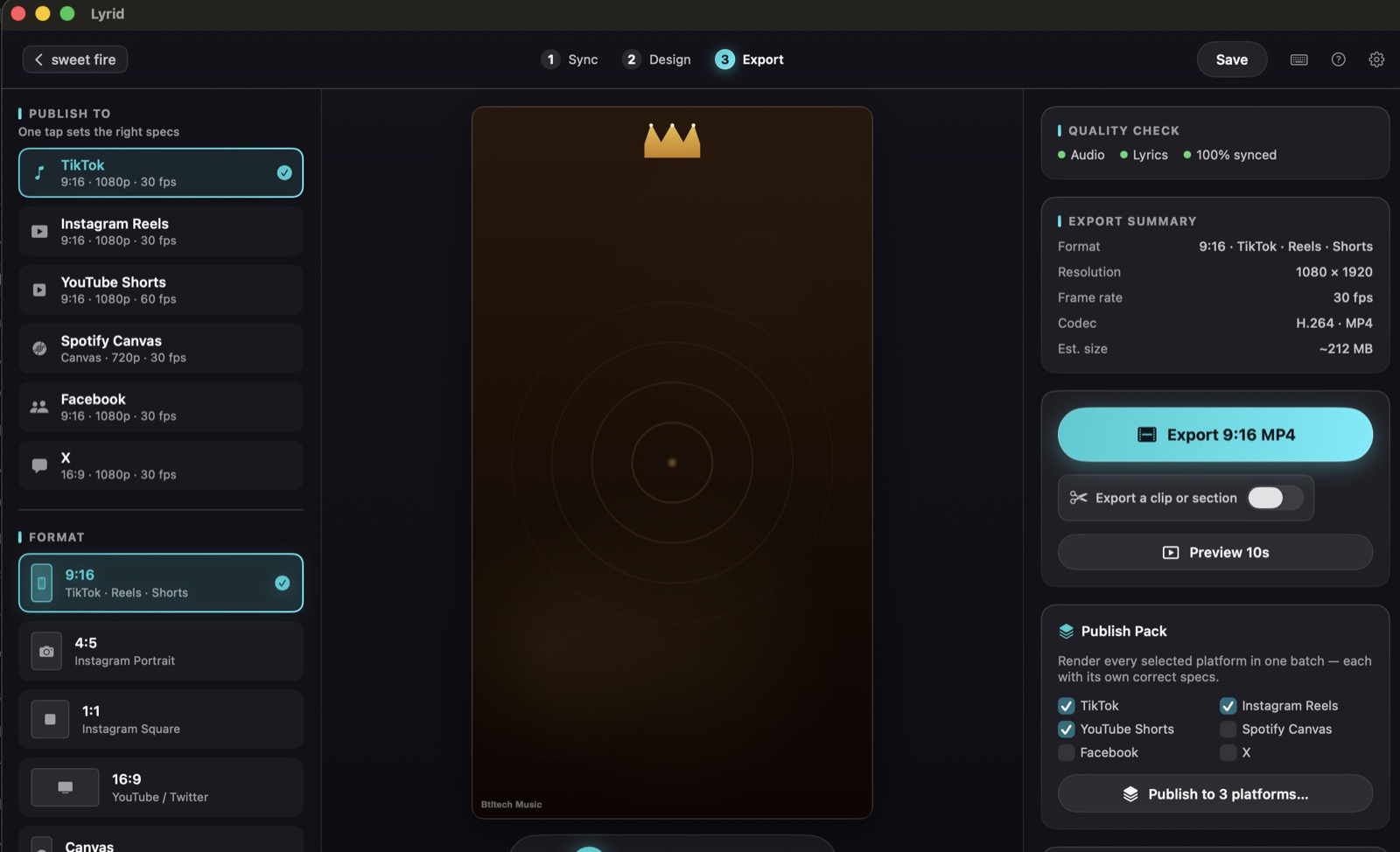 Lyrid export view with TikTok, Instagram Reels, YouTube Shorts, and publish pack settings