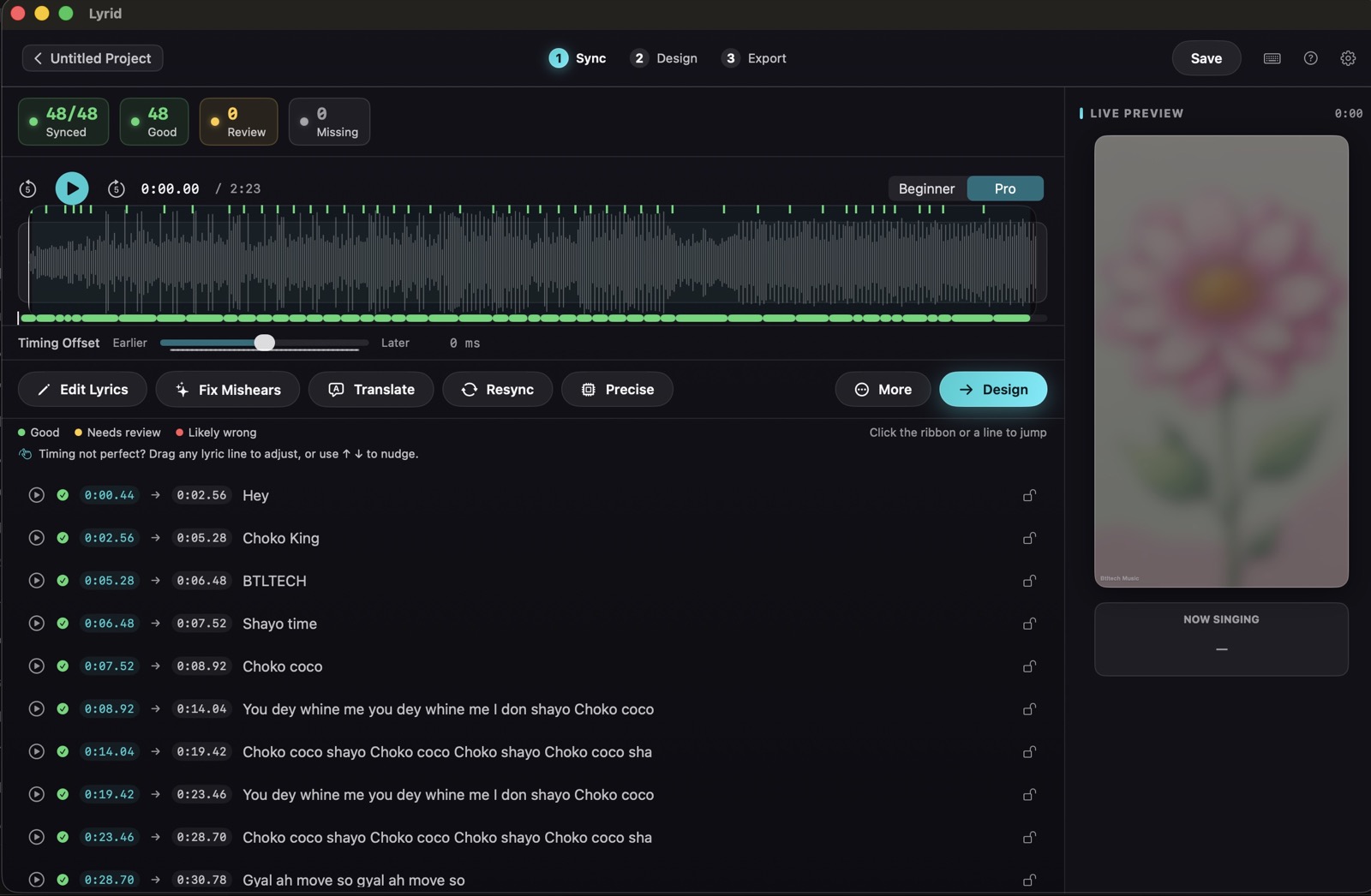 Lyrid sync view with waveform timing, lyric lines, and live preview